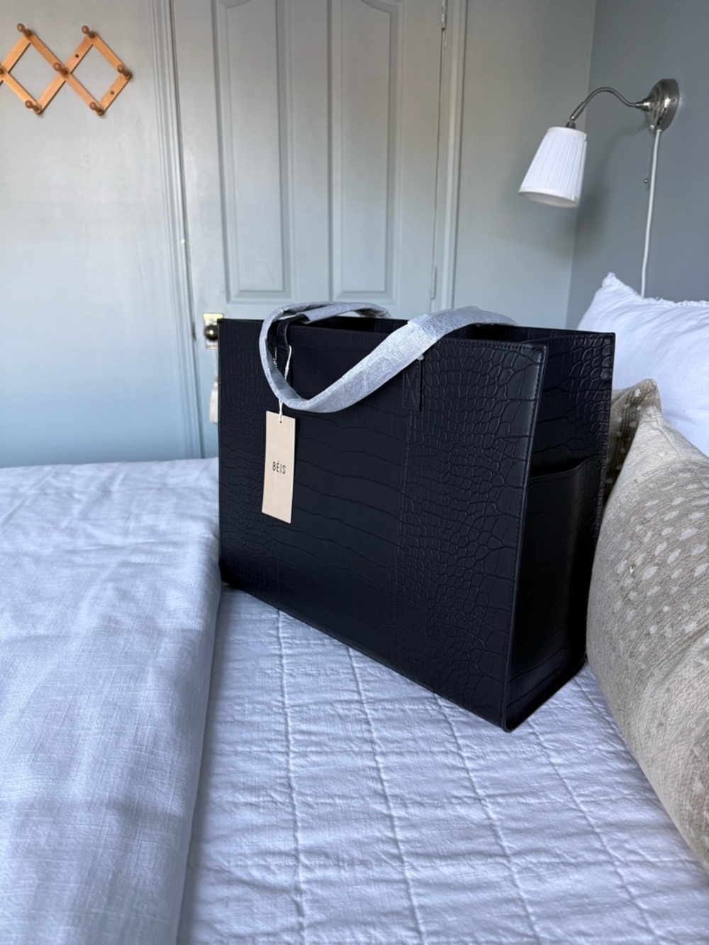 BEIS Black Croc-Embossed Structured Laptop Tote